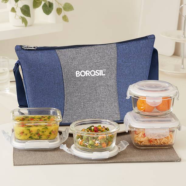 BOROSIL Alora Daisy Borosilicate Glass Lunchbox, 4pc Set (320ml x 2 + 240ml x 2), Tiffin 4 Containers Lunch Box