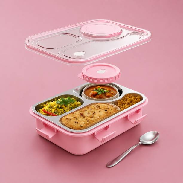 RUDRAKHSHA ENTERPRISE Premium Pink Bento Tiffin Box with Spoon & Sauce Container 3 Containers Stainless Steel School Lunch Box