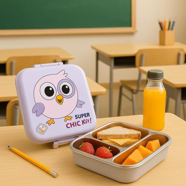 RUDRAKHSHA ENTERPRISE Kids Cartoon Bird Stainless Steel 3 Compartment Leakproof Bento Lunch Box 3 Containers Stainless Steel School Lunch Box