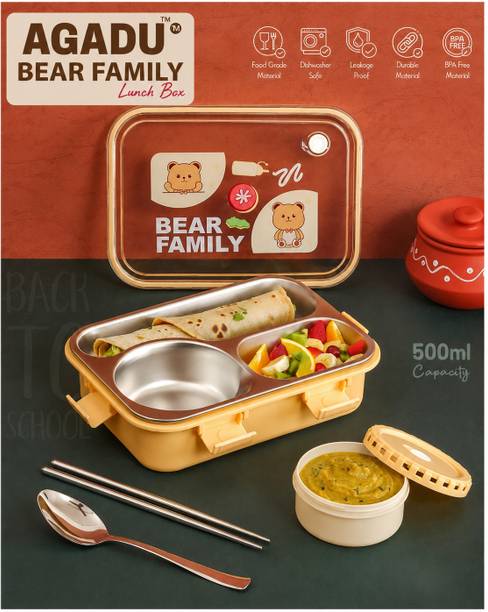 AGADU Bear Family Kawaii Lunch Box 2 Containers Stainless Steel, Plastic School Lunch Box