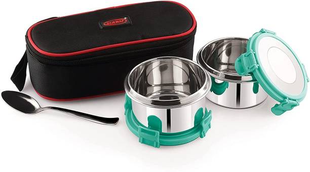 MARU Stainless Steel Lunch Box Tiffin Containers with Steel lids | 1 Insulated Bag, 2 containers and 1 Spoon | Airtight Leakproof Steel lid - Sea Green 2 Containers Lunch Box
