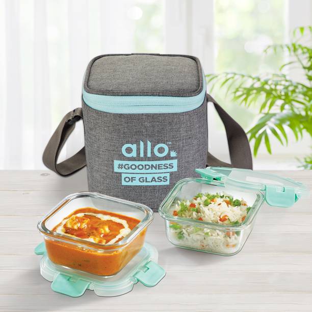 Allo FoodSafe Glass Lunch Box,Microwave Safe Tiffin with Canvas Grey Lunch Bag, 2 Containers Lunch Box