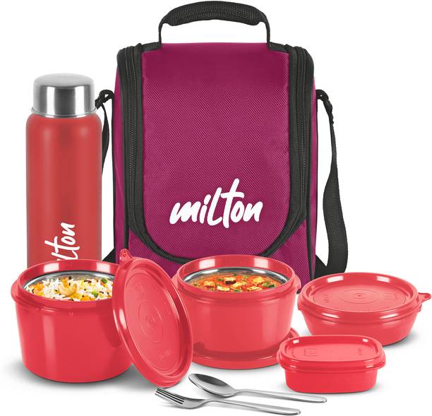 MILTON Pro (3 Containers, 1 Chutney Dabba, 1 Bottle, Spoon, Fork), Maroon 4 Containers Lunch Box