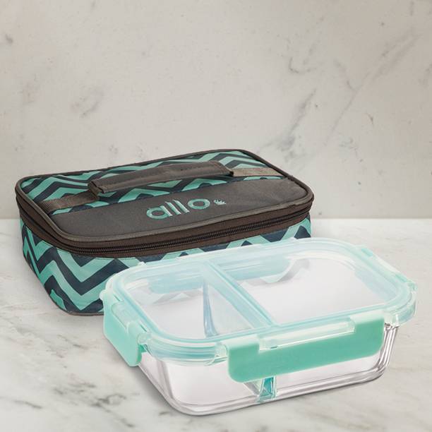 अलो FoodSafe Glass Lunch Box,Microwave Safe Tiffin with Chevron Mint Lunch Bag, 1 कंटेनर लंच बॉक्स