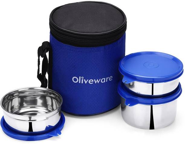 Oliveware Stainless Steel Containers | Idle for Office Use | Insulated Fabric Bag 3 Containers Stainless Steel Office Lunch Box