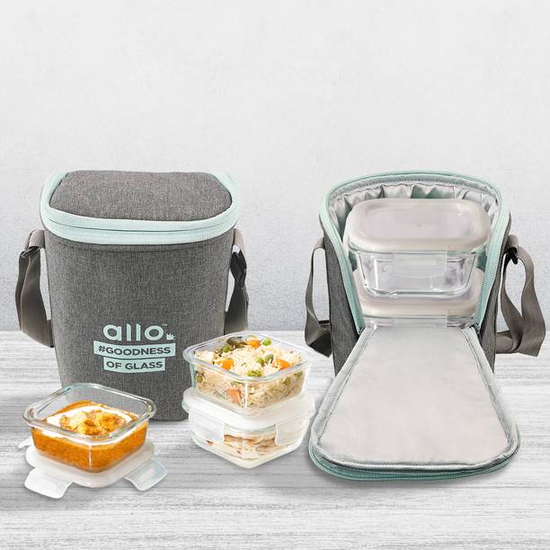 Allo FoodSafe Glass Lunch Box,Microwave Safe Tiffin with Denim Grey Lunch Bag, 3 Containers Lunch Box