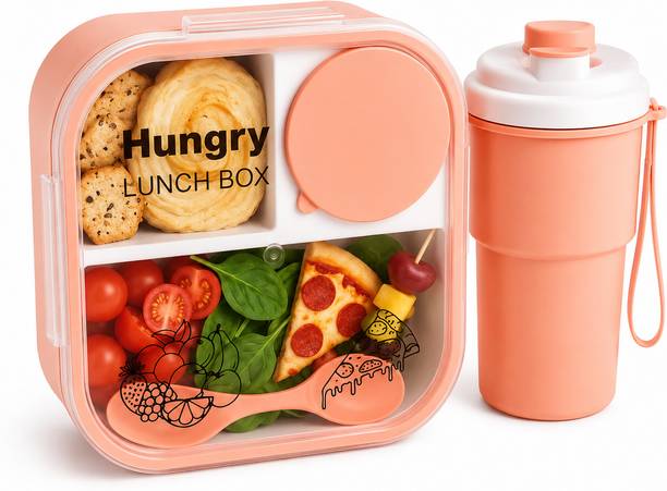 Nurah Lunch Box and Water Bottle Set BPA Free Plastic Tiffin Box for School and Office 3 Containers Plastic School Lunch Box