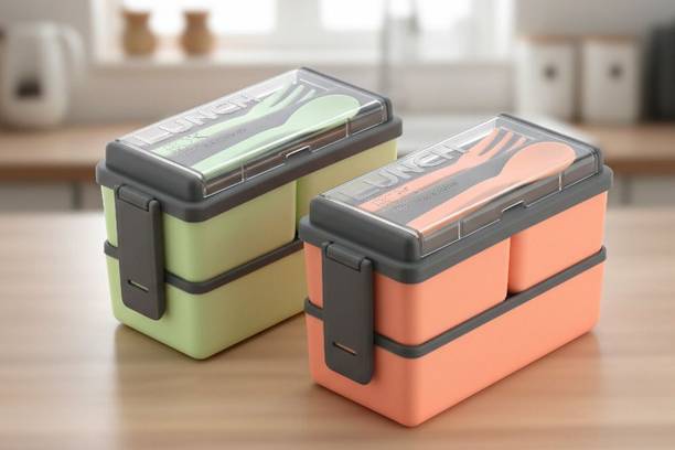Flipkart SmartBuy Combo Of 2 Lunch Box With Spoon & Fork 3 Containers Plastic Office Lunch Box