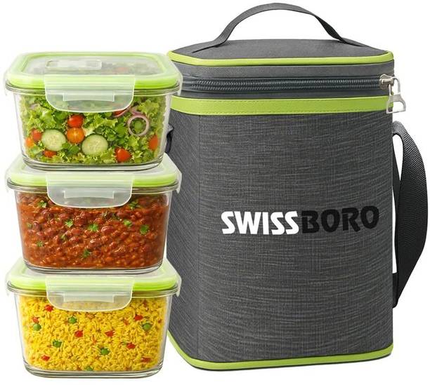 swissboro Borosilicate Glass Lunch Box Set with Lunch Bag 3Pc & 320ml Leakproof Glass 3 Containers Glass Office Lunch Box