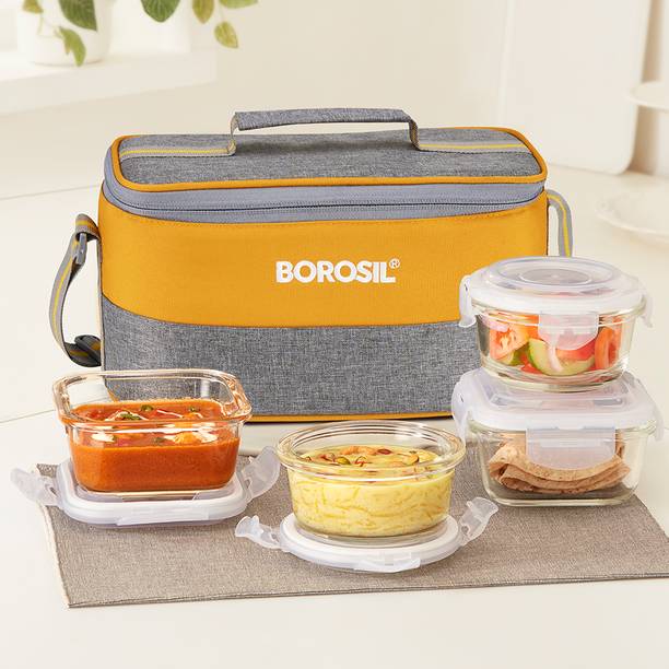 BOROSIL Zest Universal Borosilicate Glass Lunchbox, 4 pc Set (320 ml x 2 + 240 ml x 2) 4 Containers Lunch Box
