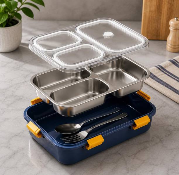 KRIHAR Stainless Steel Lunch Box, 3 Compartment Leak Resistant Tiffin with Fork & Spoon 1 Containers Aluminium, Plastic School Lunch Box