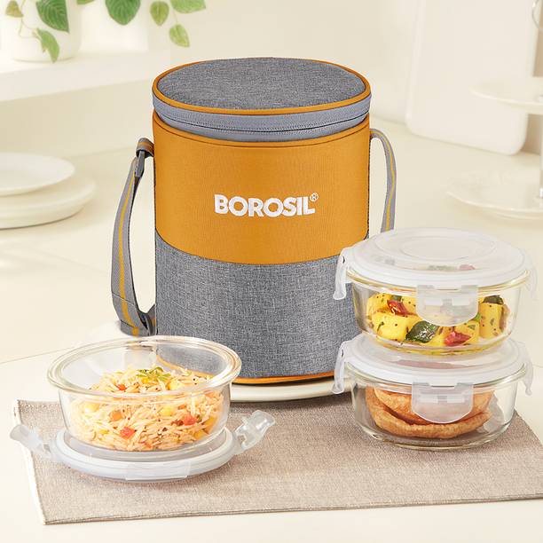 BOROSIL Zest Borosilicate Glass Lunchbox, 3pc Square Set (400ml Each), Office Tiffin Box 3 Containers Lunch Box
