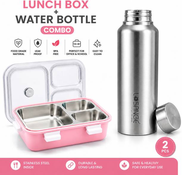 Reyan Stainless Steel Lunch Box & Water Bottle 1L Combo | Leak-Proof Bento Tiffin Box 3 Containers Stainless Steel, Plastic Office Lunch Box