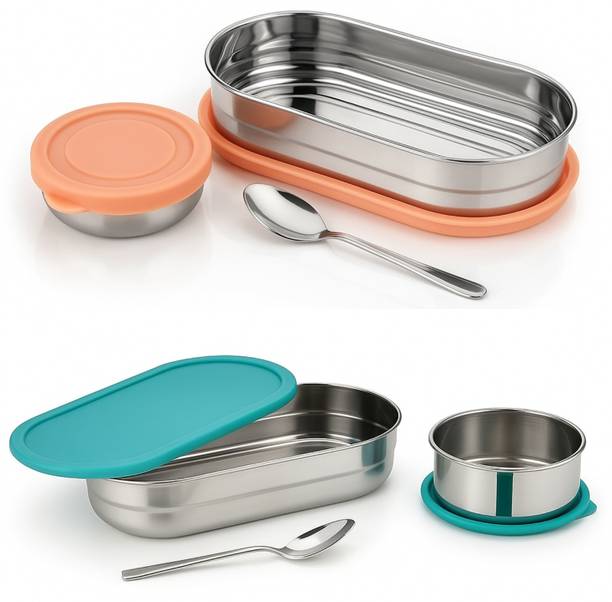TRUEMATE SERVEWARE TrueMate Kids Stainless Steel Lunch Box with Spoon | School Tiffin Box for Kids 2 Containers Stainless Steel School Lunch Box