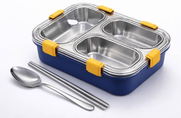 blackfury Lunch Box For School Tiffin Box For Office 3 Compartment Leakproof 1 Containers Stainless Steel, Plastic School Lunch Box