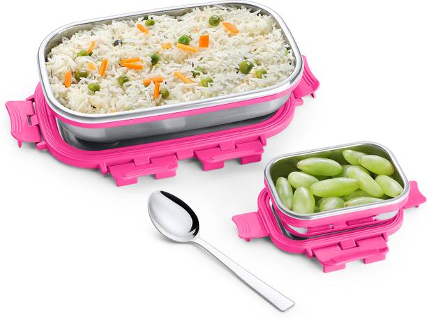 पेक्सपो Steel Mate Stainless Steel Tiffin Box With 1 Spoon & Separate Container, 2 कंटेनर लंच बॉक्स