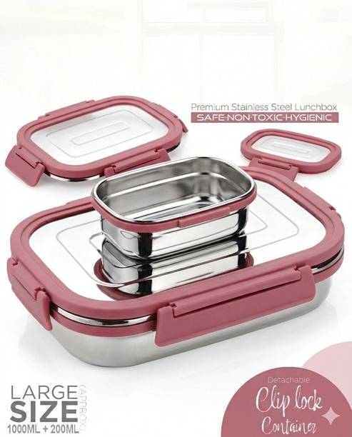 BLLUEX Stainless Steel Leak Proof, Airtight Lunch Box/Tiffin Box for Office, School, 2 Containers Stainless Steel, Plastic School Lunch Box
