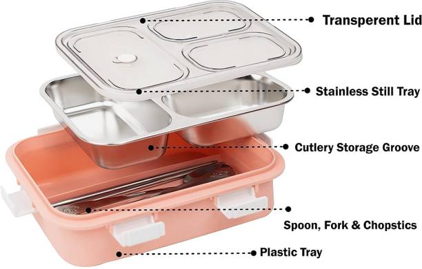 RUDRAKHSHA ENTERPRISE Premium 3 Compartment Stainless Steel Bento Lunch Box – Pink 3 Containers Stainless Steel School Lunch Box
