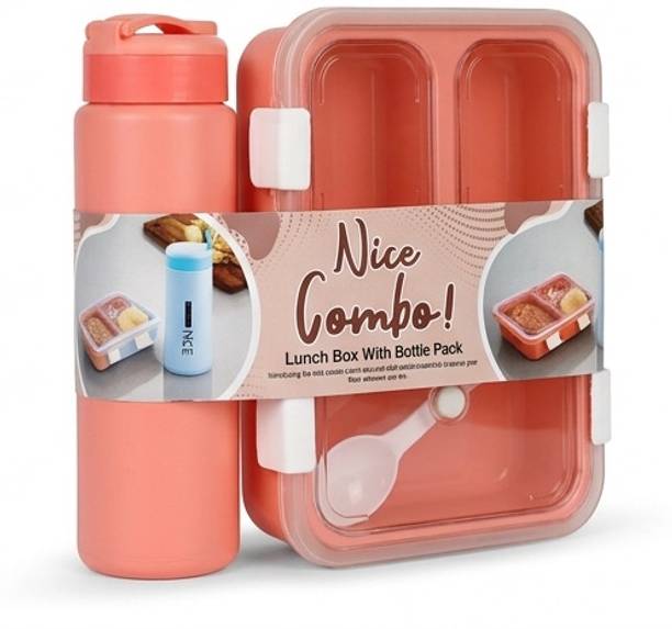 D D ENTERPRISES 3 Compartment Lunch Box with Water Bottle & Spoon Set 3 Containers Plastic School Lunch Box