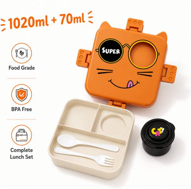 SOFITT Super Cat Kids Lunch Box with Spoon, Fork & Sauce Container | 1020ml + 70ml 3 Containers Plastic School Lunch Box