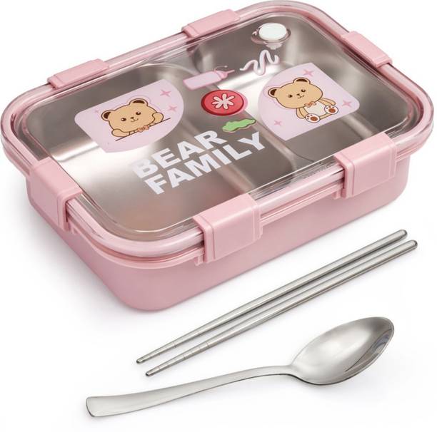 Kidoodle Bento Stainless Steel Lunch Box with Steel Spoon (Pink, 2Compartments) 2 Containers Stainless Steel School Lunch Box