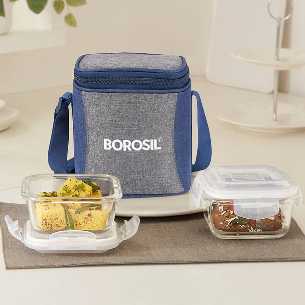 बोरोसिल Alora Borosilicate Glass Lunchbox, 2 pc Square Set (320 ml Each), Vertical 2 कंटेनर लंच बॉक्स