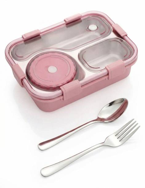 VSELL Lunch Box 3 Compartment Leakproof, Stainless Steel, With Spoon + FORK 3 Containers Stainless Steel, Stainless Steel Office Lunch Box
