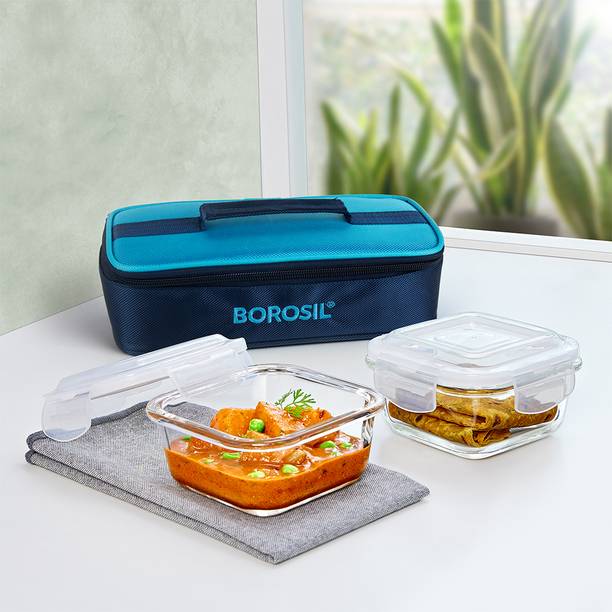 BOROSIL Blue Lunch Box Set of 2 (320 ml Each) with Lunch Bag, Square, Horizontal 2 Containers Lunch Box