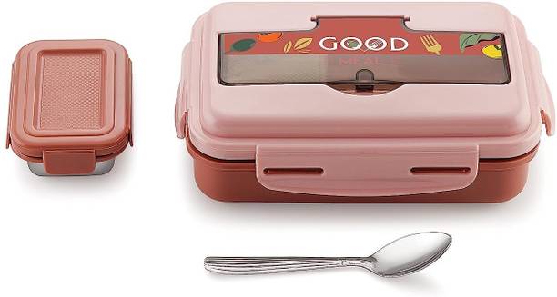 GALOOF 2 Compartment Stainless Steel Lunch Box for School Kids with Veg Box and Spoon 2 Containers Lunch Box