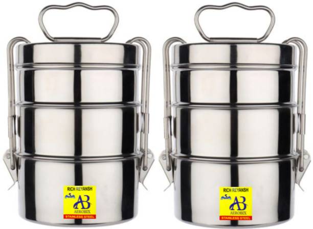 AEROBIX Stainless Steel Food grade 3 Compartment Tiffin Box pack of 2 3 Containers Lunch Box