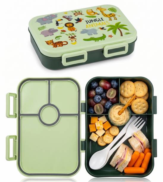 Ekara Kids Bento Lunch Box 4 Compartments with Spoon & Fork, BPA Free, Blue 4 Containers Plastic School Lunch Box