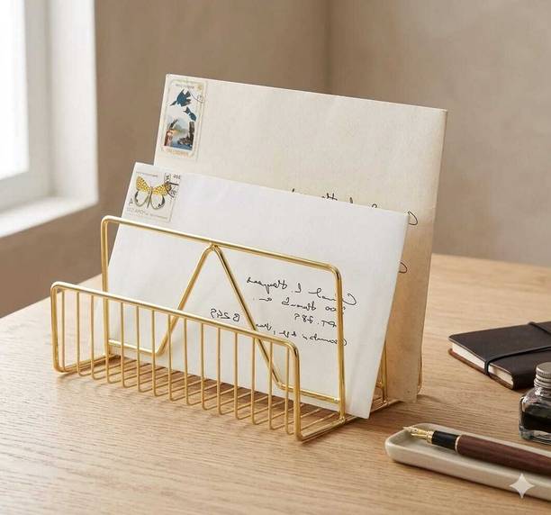 AL RAZZAQ IMPEX File and Magazine Rack Holder Golden 3 Compartments Book Shelf Organizer Table Top Magazine Holder