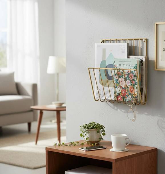 GharKraft Wall Mounted Magazine Rack, Gold, Metal Wire Design Wall Hanging Magazine Holder
