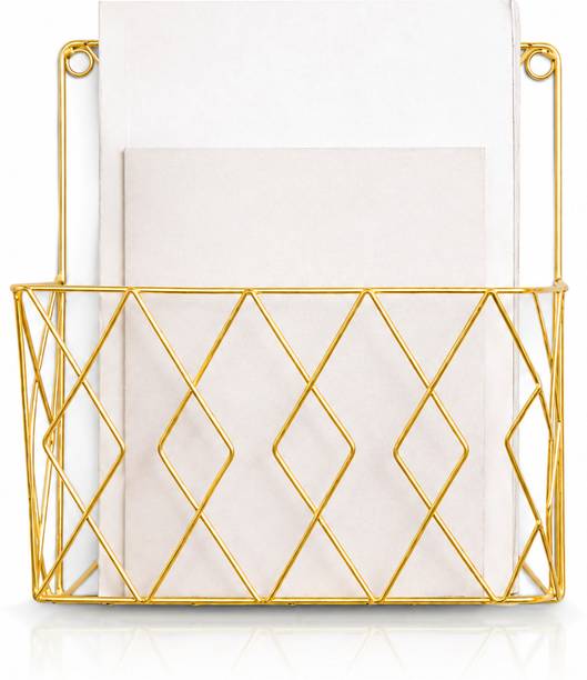 HouseHub Gold Metal Wall Holder Rack for Files, Mail & Document Storage Wall Hanging Magazine Holder