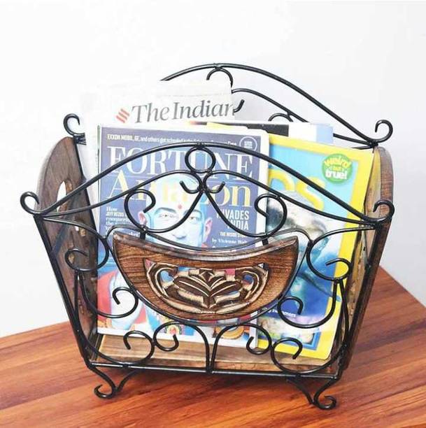 Unique Arts Shoppee Unique Arts Shoppe Wood & Iron Newspaper holder (No.of shelves-1, Brown & Black) Table Top Magazine Holder