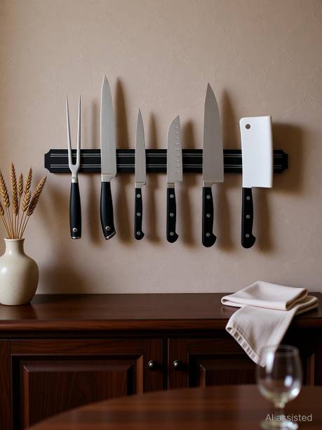 Satisfyshop Stainless Steel Magnetic Knife Holder, Metal Magnet Knife Bar Hanger Rack Used as Kitchen Utensil Holder, Tool Holder, Black, Wall Mount Kitchen Organiser Kitchen Organiser Magnet Pack of 1
