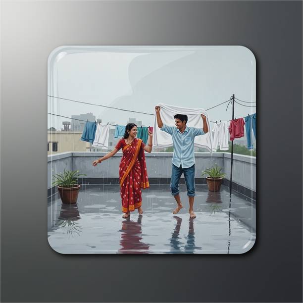 OPRYX Romantic Couple in Monsoon Rain Fridge Magnet (2x2 in, Glossy Finish, Pack of 1) Fridge Magnet Pack of 1