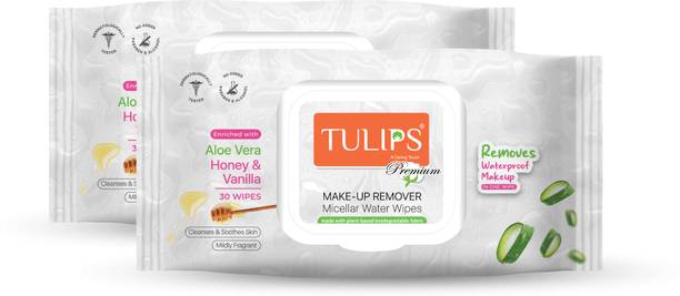 Tulips Premium Makeup Remover Micellar Water Wipes, Cleanses & Soothes Skin Makeup Remover