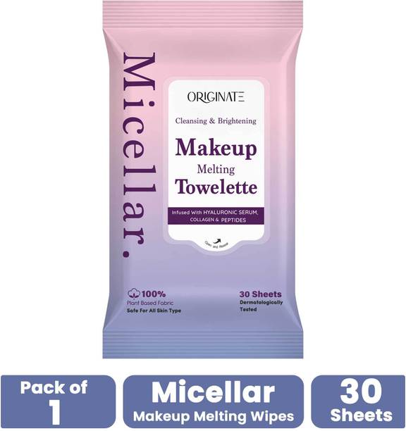 ORIGINATE Micellar Makeup Removal Wet Wipes With Hyaluronic Serum & Peptides, Pack of 1 Makeup Remover