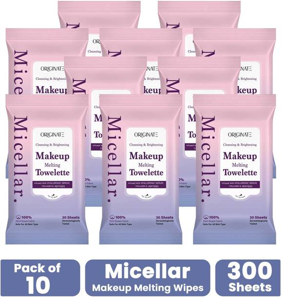ORIGINATE Micellar Makeup Removal Wet Wipes With Hyaluronic Serum & Peptides, Pack of 10 Makeup Remover