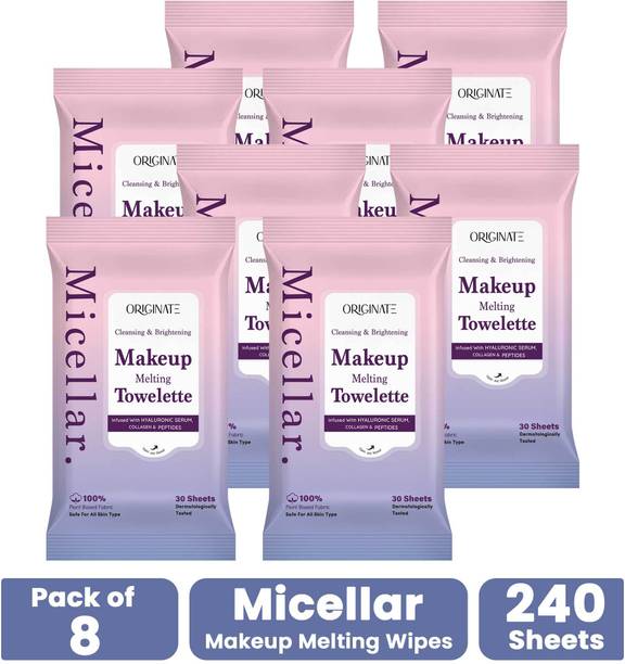 ORIGINATE Micellar Makeup Removal Wet Wipes With Hyaluronic Serum & Peptides, Pack of 8 Makeup Remover