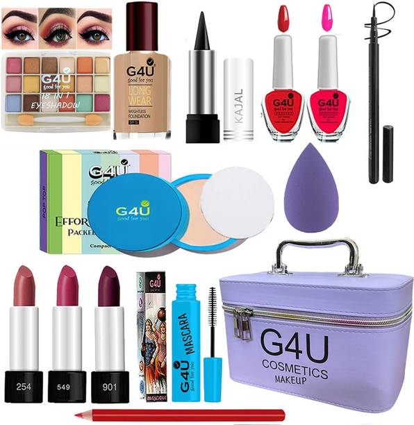G4U All in One Makeup Kit Gift Set,High Quality Eyeshadow, Waterproof Black Eyeliner Pen,Foundation, 3 Lipsticks,Kajal,Lip Liner,Puff,Mascara, 2 nail Polish,Compact ,Perfect for Party makeup Casual makeup Wedding makeup With Makeup Box (Set Of 18Pcs) ST 34