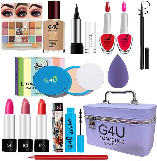 G4U All in One Makeup Kit Gift Set,High Quality Eyeshadow, Waterproof Black Eyeliner Pen,Foundation, 3 Lipsticks,Kajal,Lip Liner,Puff,Mascara, 2 nail Polish,Compact ,Perfect for Party makeup Casual makeup Wedding makeup With Makeup Box (Set Of 18Pcs) ST 65