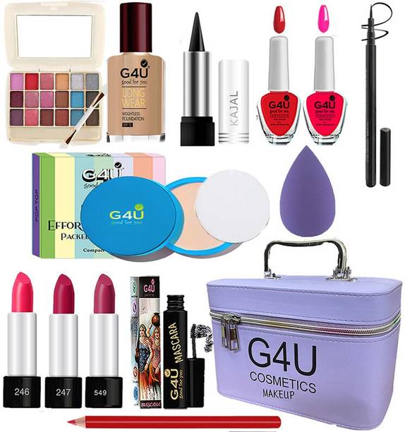 G4U All in One Makeup Kit Gift Set,High Quality Eyeshadow, Waterproof Black Eyeliner Pen,Foundation, 3 Lipsticks,Kajal,Lip Liner,Puff,Mascara, 2 nail Polish,Compact ,Perfect for Party makeup Casual makeup Wedding makeup With Makeup Box (Set Of 18Pcs) ST 35