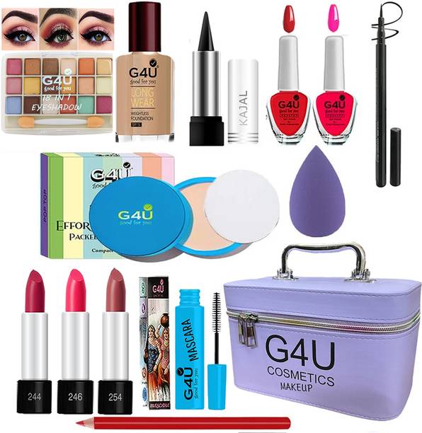 G4U All in One Makeup Kit Gift Set,High Quality Eyeshadow, Waterproof Black Eyeliner Pen,Foundation, 3 Lipsticks,Kajal,Lip Liner,Puff,Mascara, 2 nail Polish,Compact ,Perfect for Party makeup Casual makeup Wedding makeup With Makeup Box (Set Of 18Pcs) ST 79