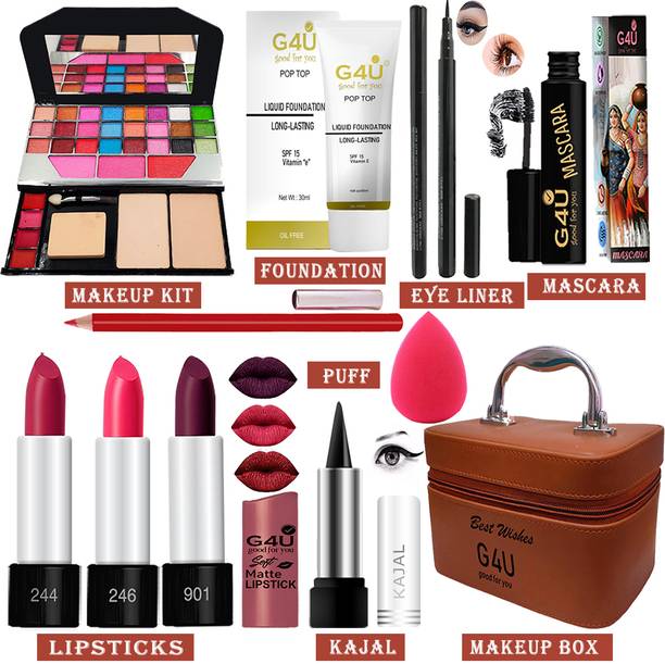 G4U All in One Makeup Kit Gift Set,High Quality Eyeshadow, Waterproof Black Eyeliner Pen,Foundation, 3 Lipsticks,Kajal,Lip Liner,Puff,Mascara, Perfect for Party makeup Casual makeup Wedding makeup With Makeup Box (Set Of 11Pcs) ST 88