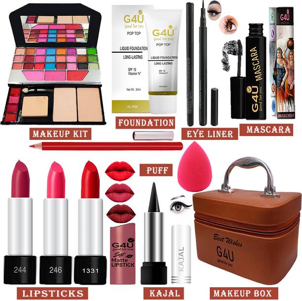 G4U All in One Makeup Kit Gift Set,High Quality Eyeshadow, Waterproof Black Eyeliner Pen,Foundation, 3 Lipsticks,Kajal,Lip Liner,Puff,Mascara, Perfect for Party makeup Casual makeup Wedding makeup With Makeup Box (Set Of 11Pcs) ST 34