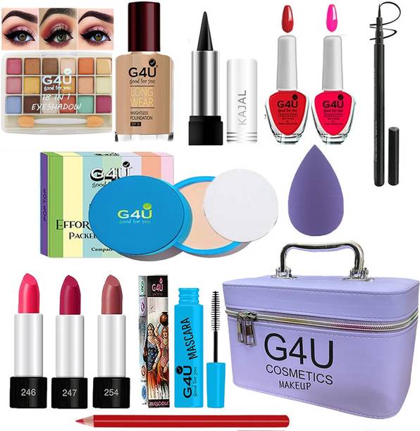 G4U All in One Makeup Kit Gift Set,High Quality Eyeshadow, Waterproof Black Eyeliner Pen,Foundation, 3 Lipsticks,Kajal,Lip Liner,Puff,Mascara, 2 nail Polish,Compact ,Perfect for Party makeup Casual makeup Wedding makeup With Makeup Box (Set Of 18Pcs) ST 38