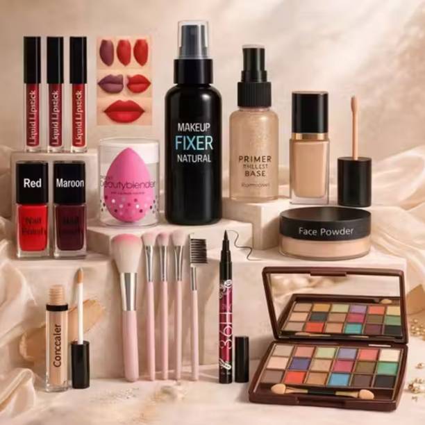 swenky eyeshadow with eyliner lipstick concealer fixer primer foundation & makeup brush