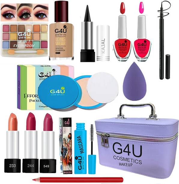 G4U All in One Makeup Kit Gift Set,High Quality Eyeshadow, Waterproof Black Eyeliner Pen,Foundation, 3 Lipsticks,Kajal,Lip Liner,Puff,Mascara, 2 nail Polish,Compact ,Perfect for Party makeup Casual makeup Wedding makeup With Makeup Box (Set Of 18Pcs) ST 110
